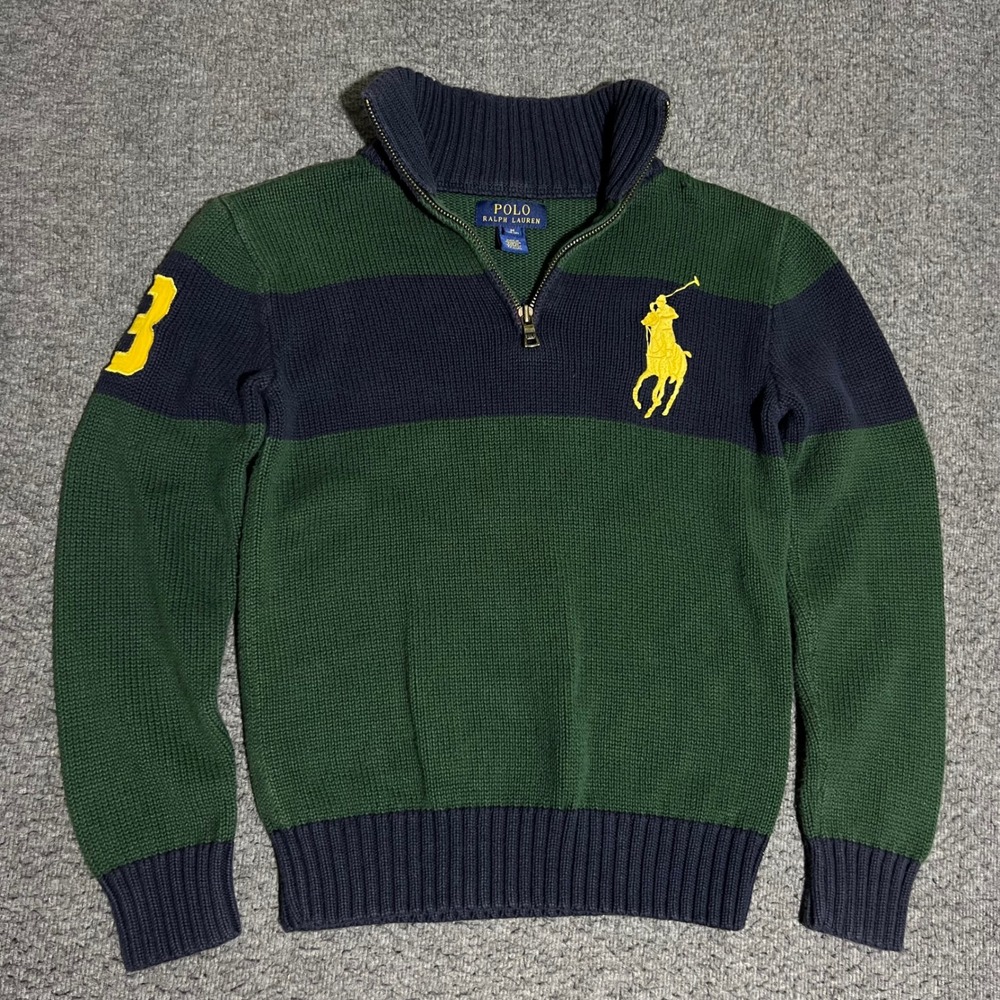 Polo Ralph Lauren Kids Big Pony Quarter Zip Sweater Green Navy Striped Size M